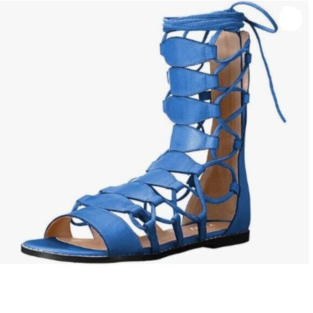 YDN Blue Ankle High Gladiator Sandals for Women Lace up Open toe Flats Zips Shoe